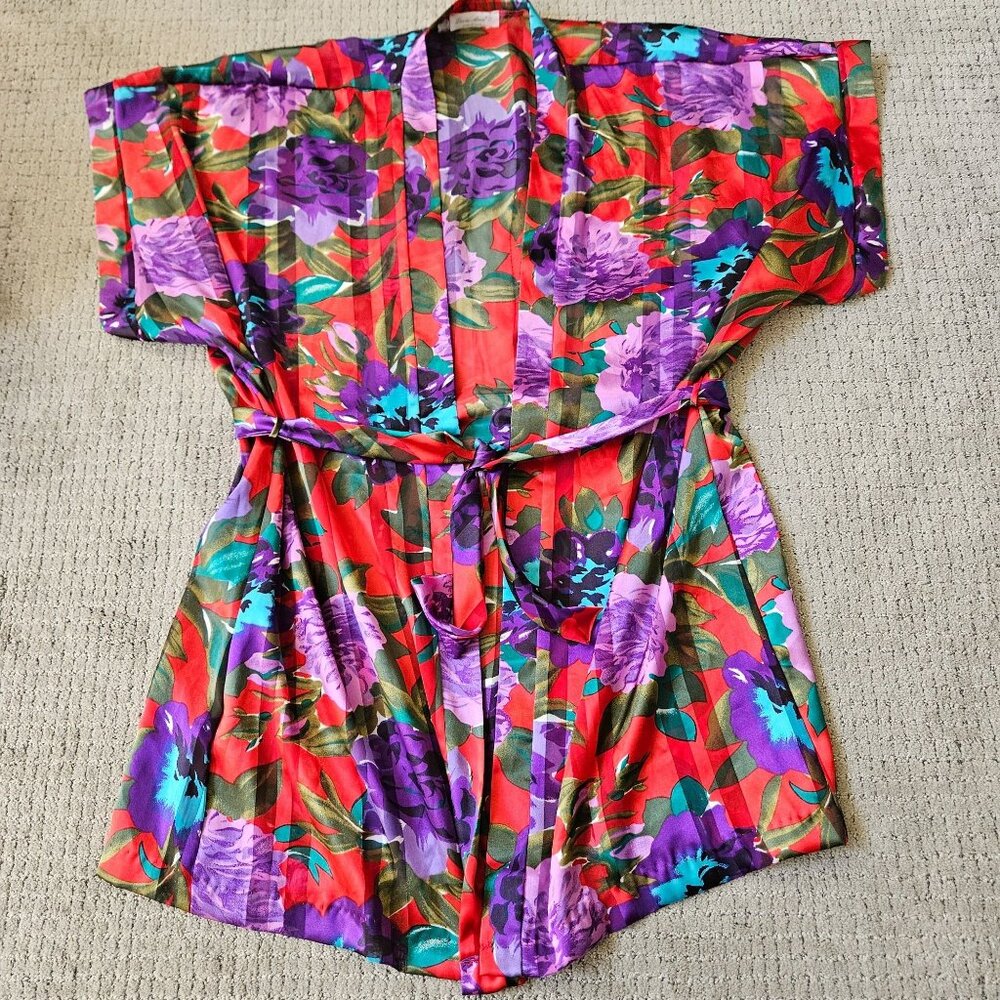 Vtg Lucie Ann II Robe Womens Large Red Purple Floral Satin Silky Kimono USA